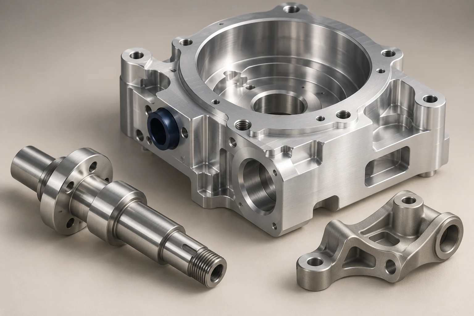 Concept rendering of a machined aluminum housing, stepped steel shaft and small metal bracket